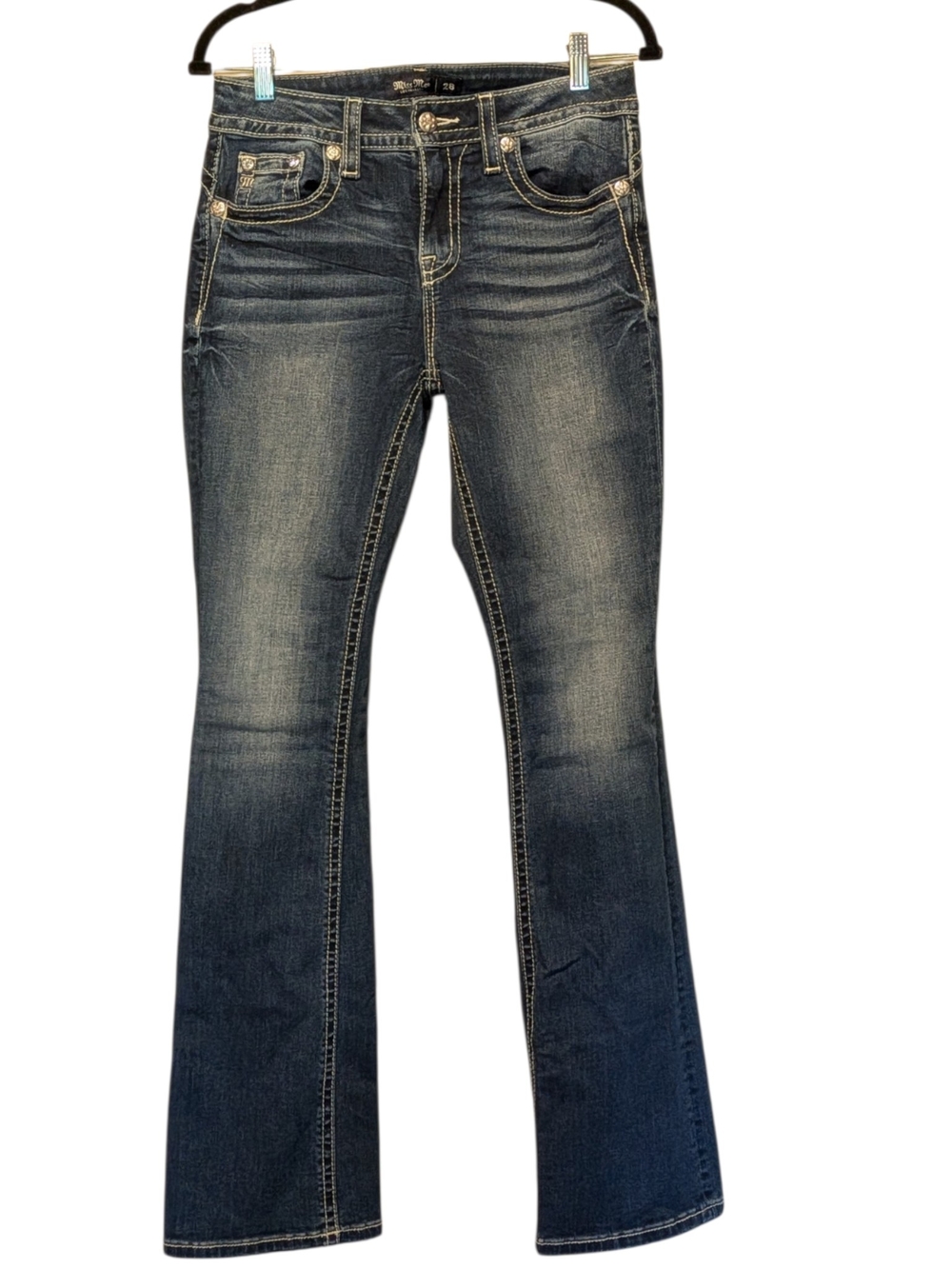 Miss Me Blue Faded Bootcut Jeans with Contrast Stitching 28x34